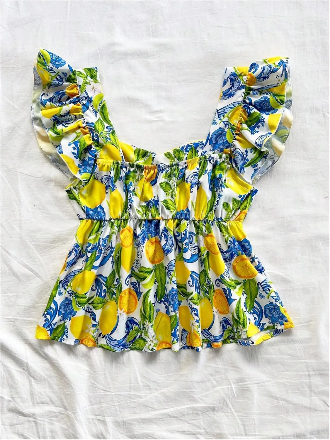 MakeMeChic Women's Lemon Print Ruffle Sleeve Blouse Peplum Summer Shirt Tops