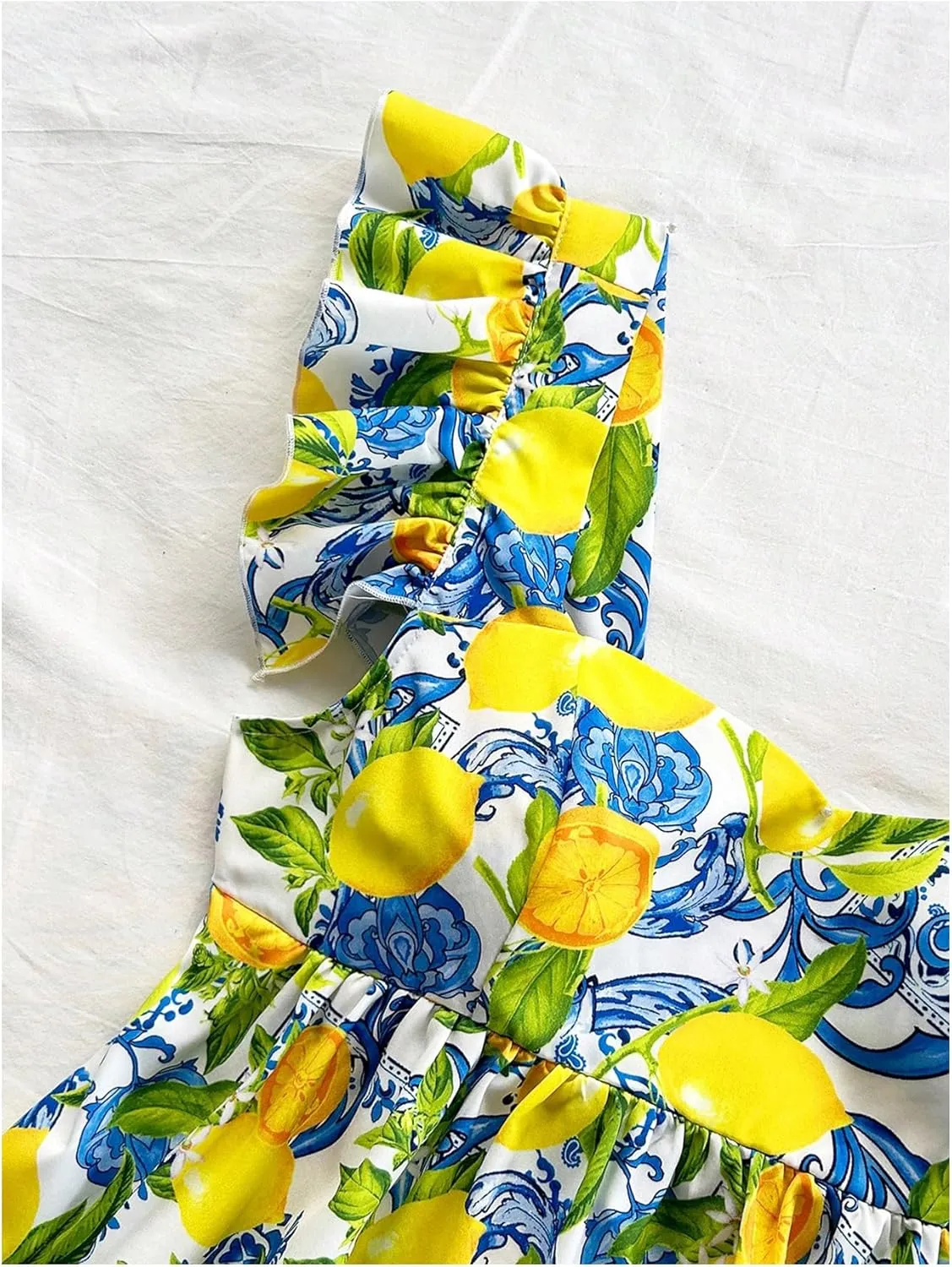 MakeMeChic Women's Lemon Print Ruffle Sleeve Blouse Peplum Summer Shirt Tops