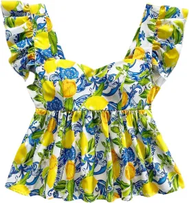 MakeMeChic Women's Lemon Print Ruffle Sleeve Blouse Peplum Summer Shirt Tops