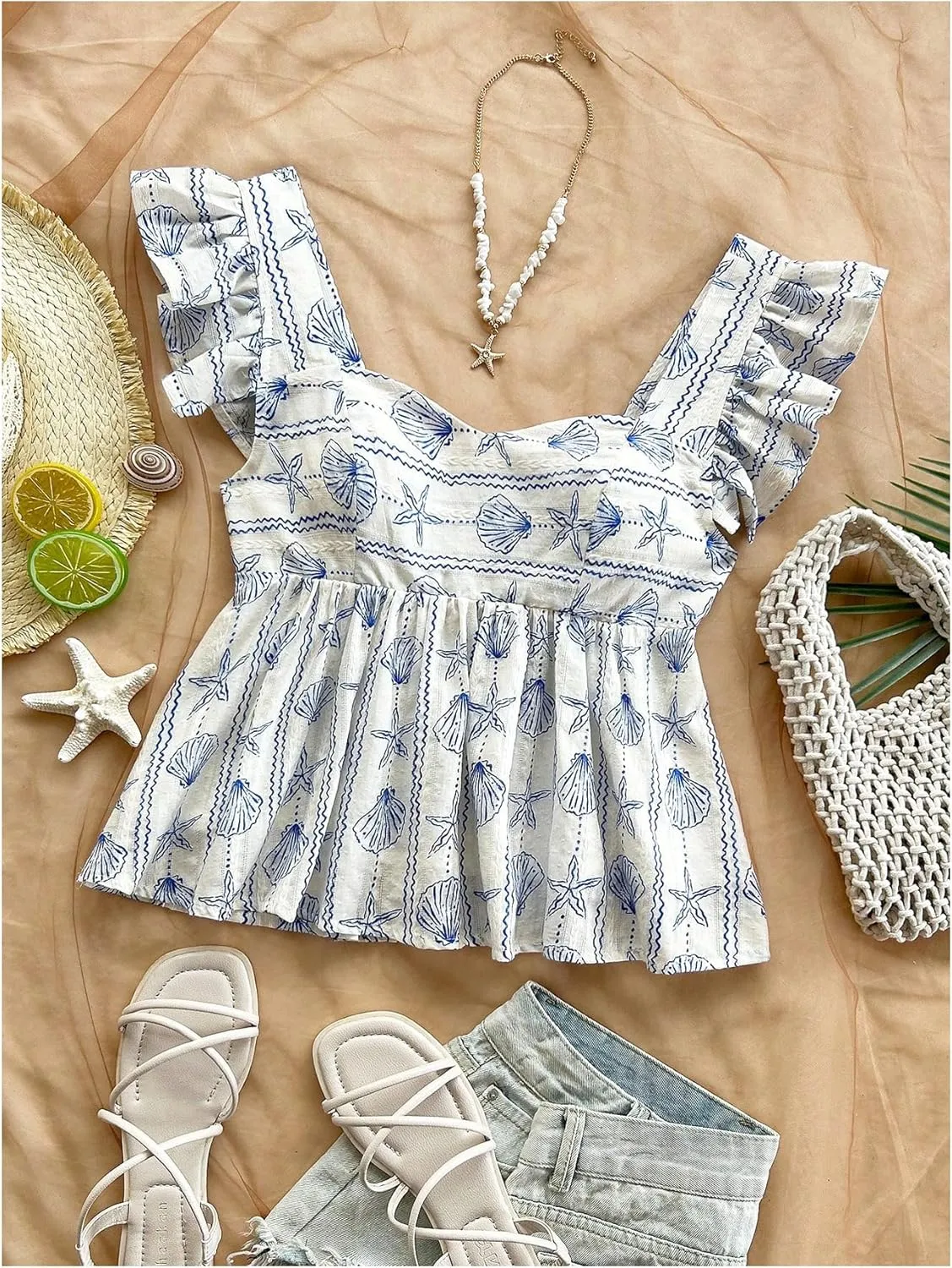 MakeMeChic Women's Lemon Print Ruffle Sleeve Blouse Peplum Summer Shirt Tops