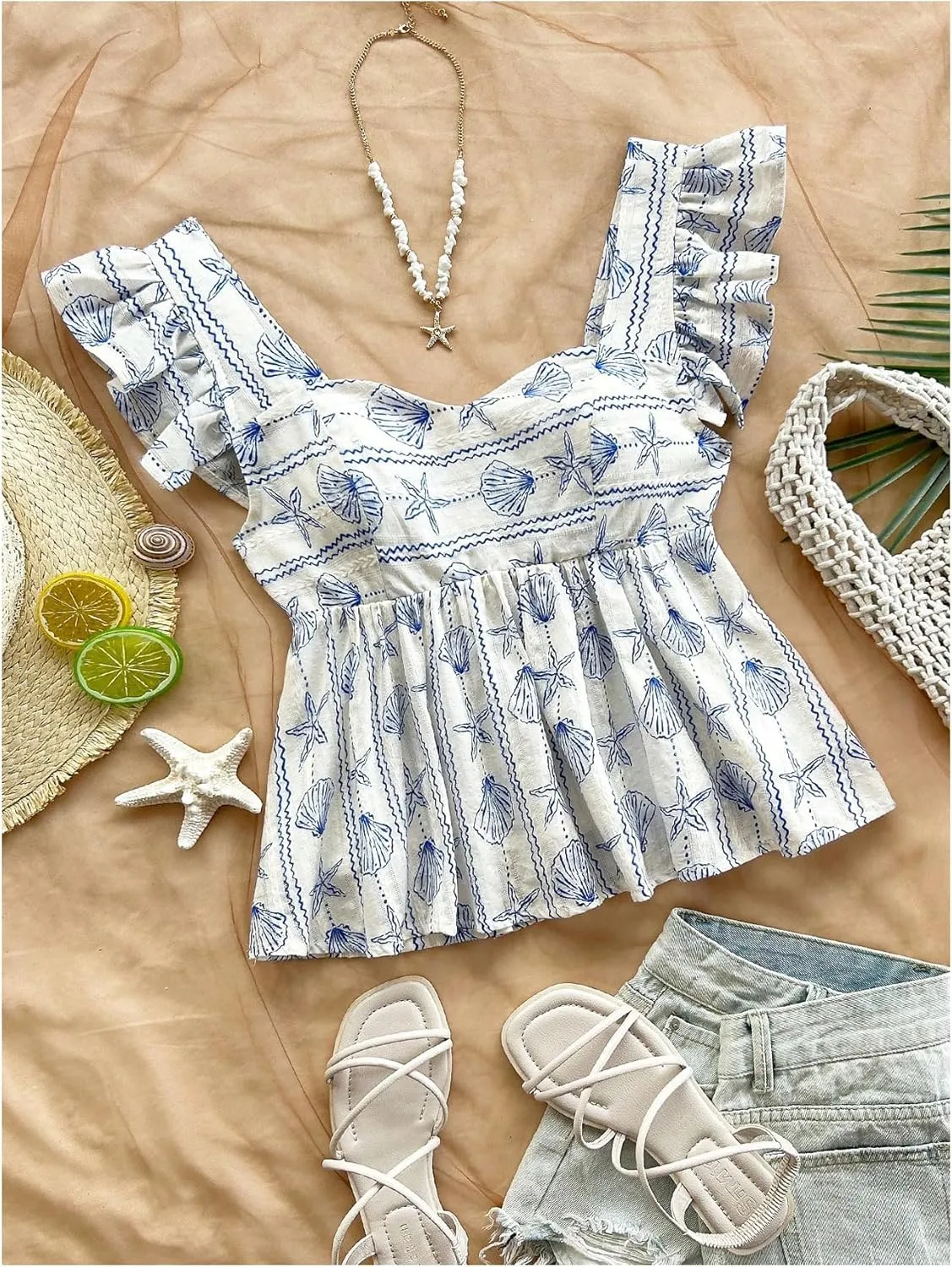 MakeMeChic Women's Lemon Print Ruffle Sleeve Blouse Peplum Summer Shirt Tops