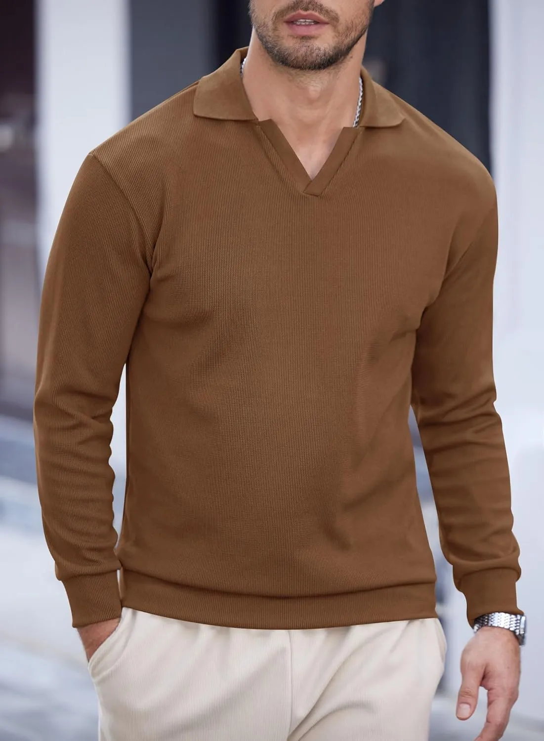 Mens Polo Shirts Long Sleeve V Neck Golf Shirt Casual Solid Color Classic Pullover (S-XXL)