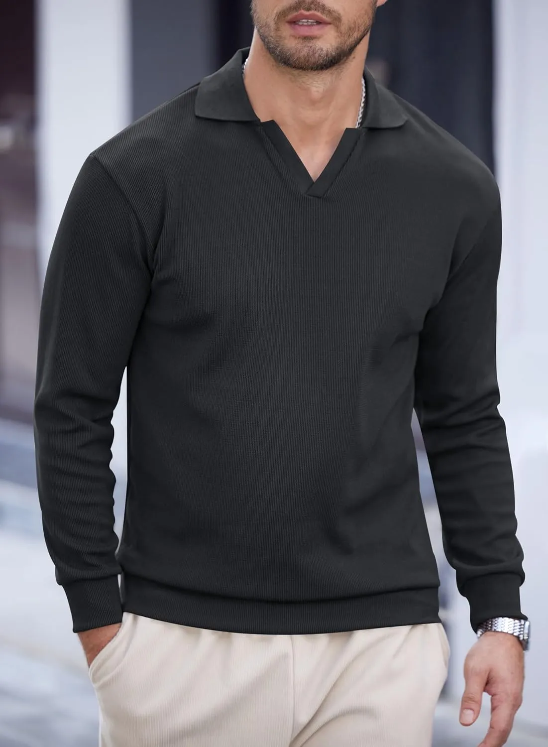 Mens Polo Shirts Long Sleeve V Neck Golf Shirt Casual Solid Color Classic Pullover (S-XXL)
