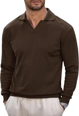Mens Polo Shirts Long Sleeve V Neck Golf Shirt Casual Solid Color Classic Pullover (S-XXL)
