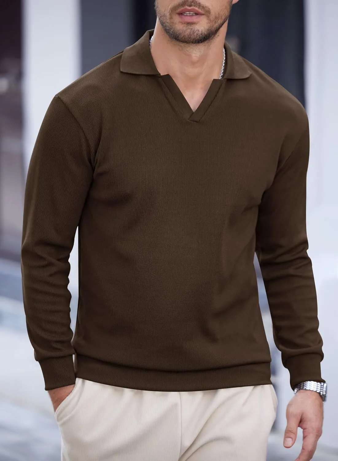 Mens Polo Shirts Long Sleeve V Neck Golf Shirt Casual Solid Color Classic Pullover (S-XXL)