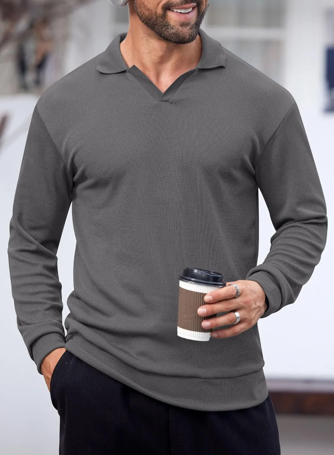 Mens Polo Shirts Long Sleeve V Neck Golf Shirt Casual Solid Color Classic Pullover (S-XXL)
