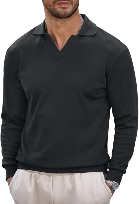Mens Polo Shirts Long Sleeve V Neck Golf Shirt Casual Solid Color Classic Pullover (S-XXL)