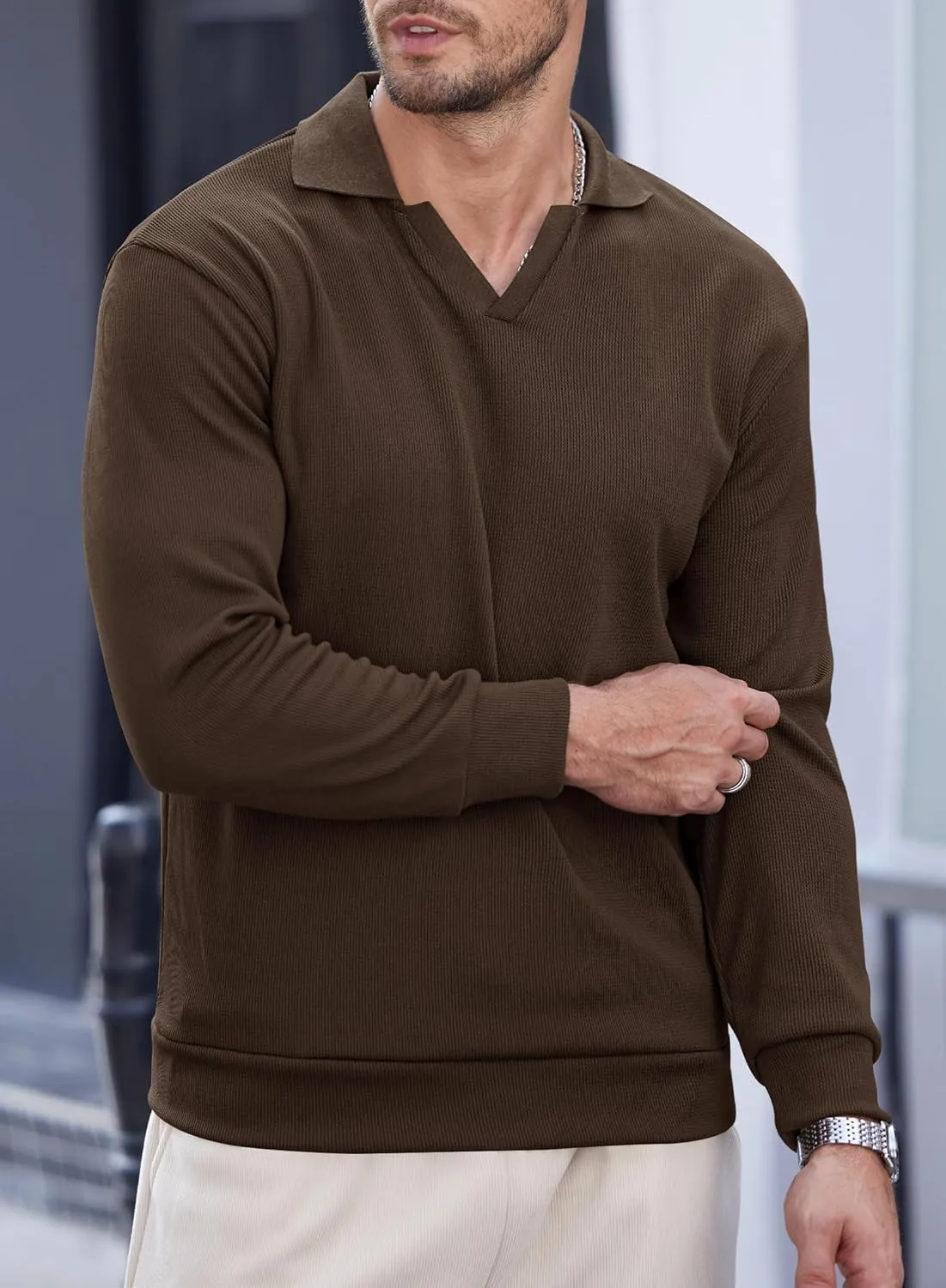 Mens Polo Shirts Long Sleeve V Neck Golf Shirt Casual Solid Color Classic Pullover (S-XXL)