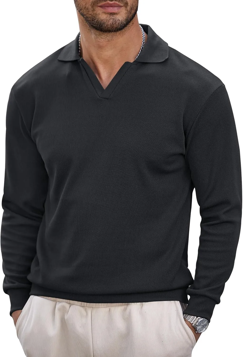 Mens Polo Shirts Long Sleeve V Neck Golf Shirt Casual Solid Color Classic Pullover (S-XXL)