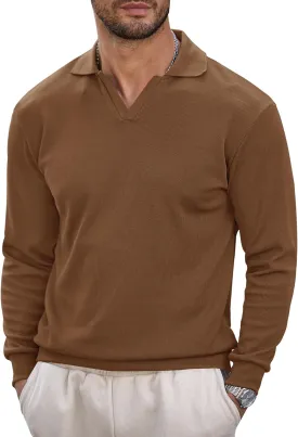 Mens Polo Shirts Long Sleeve V Neck Golf Shirt Casual Solid Color Classic Pullover (S-XXL)