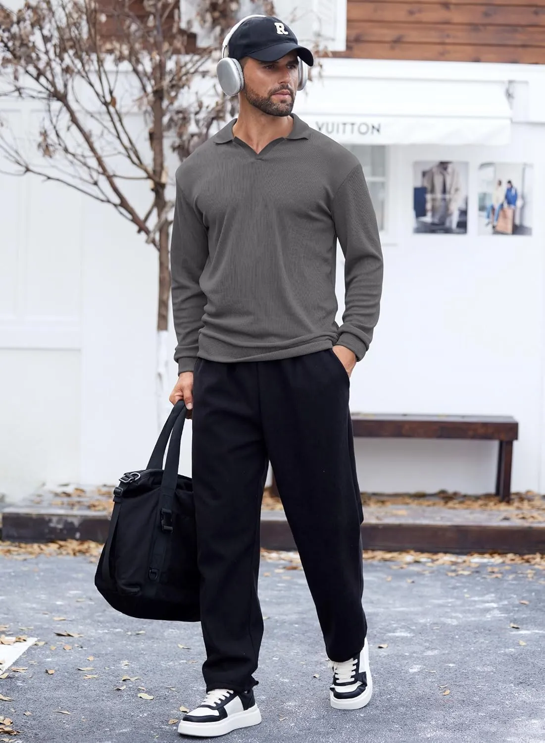 Mens Polo Shirts Long Sleeve V Neck Golf Shirt Casual Solid Color Classic Pullover (S-XXL)