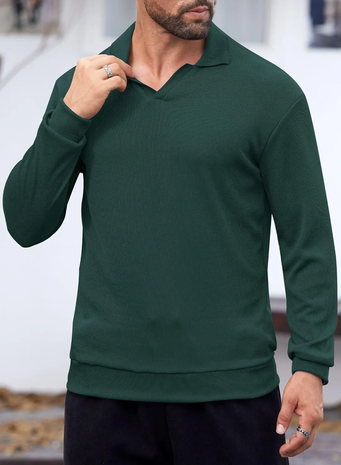 Mens Polo Shirts Long Sleeve V Neck Golf Shirt Casual Solid Color Classic Pullover (S-XXL)