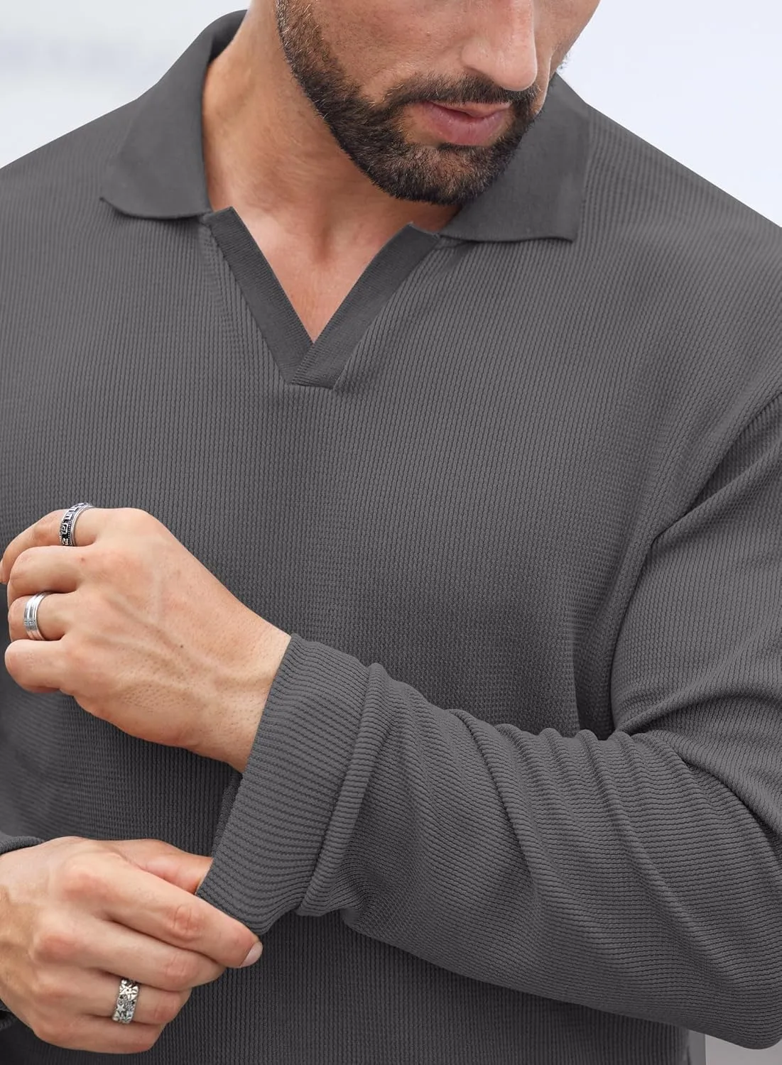 Mens Polo Shirts Long Sleeve V Neck Golf Shirt Casual Solid Color Classic Pullover (S-XXL)