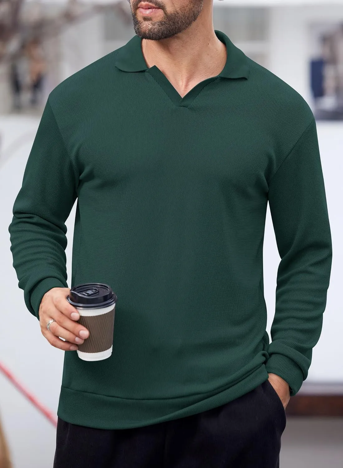 Mens Polo Shirts Long Sleeve V Neck Golf Shirt Casual Solid Color Classic Pullover (S-XXL)