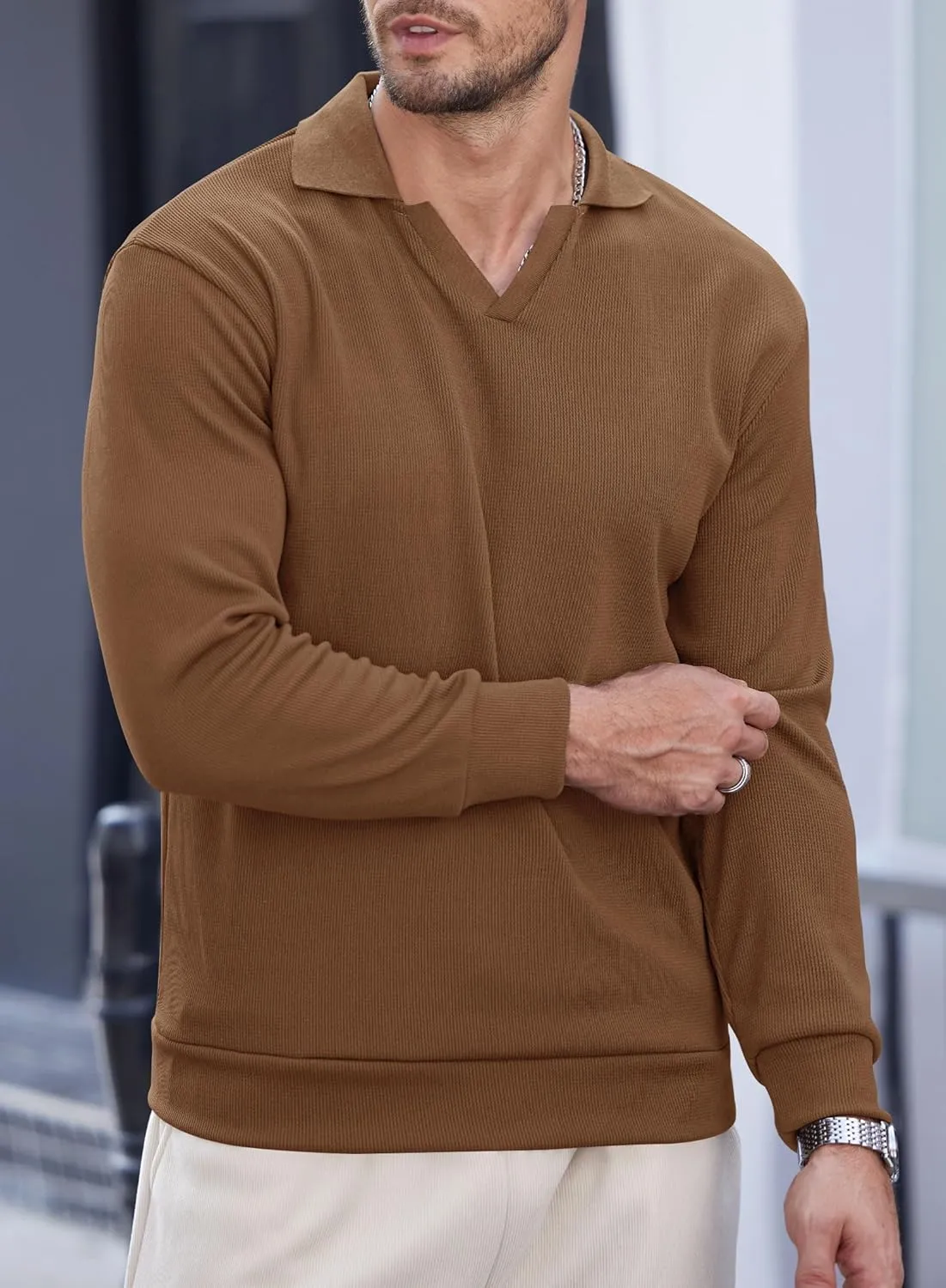 Mens Polo Shirts Long Sleeve V Neck Golf Shirt Casual Solid Color Classic Pullover (S-XXL)