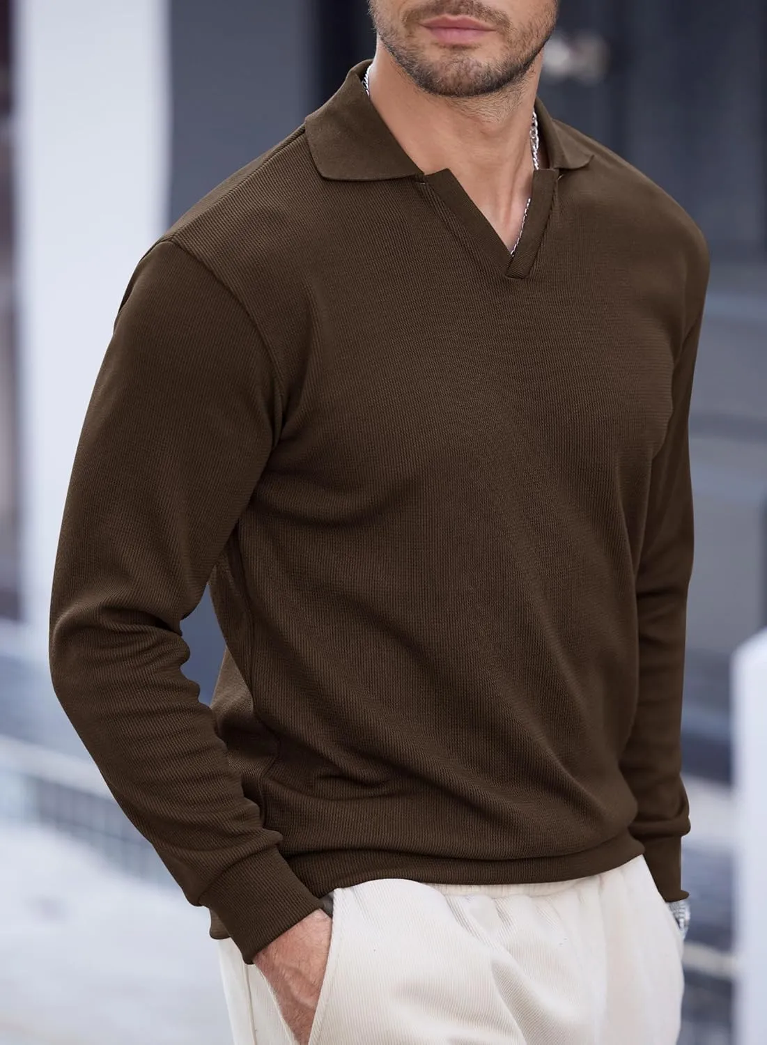 Mens Polo Shirts Long Sleeve V Neck Golf Shirt Casual Solid Color Classic Pullover (S-XXL)