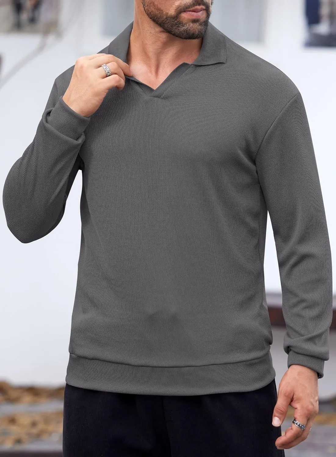 Mens Polo Shirts Long Sleeve V Neck Golf Shirt Casual Solid Color Classic Pullover (S-XXL)