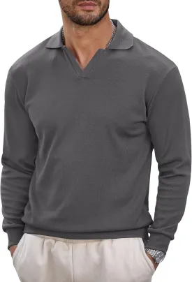 Mens Polo Shirts Long Sleeve V Neck Golf Shirt Casual Solid Color Classic Pullover (S-XXL)