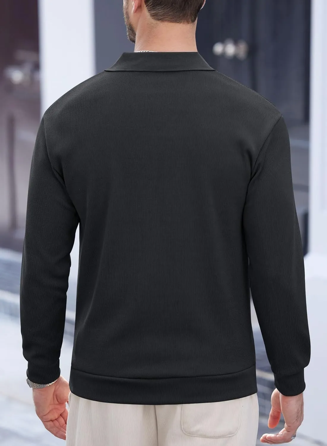 Mens Polo Shirts Long Sleeve V Neck Golf Shirt Casual Solid Color Classic Pullover (S-XXL)