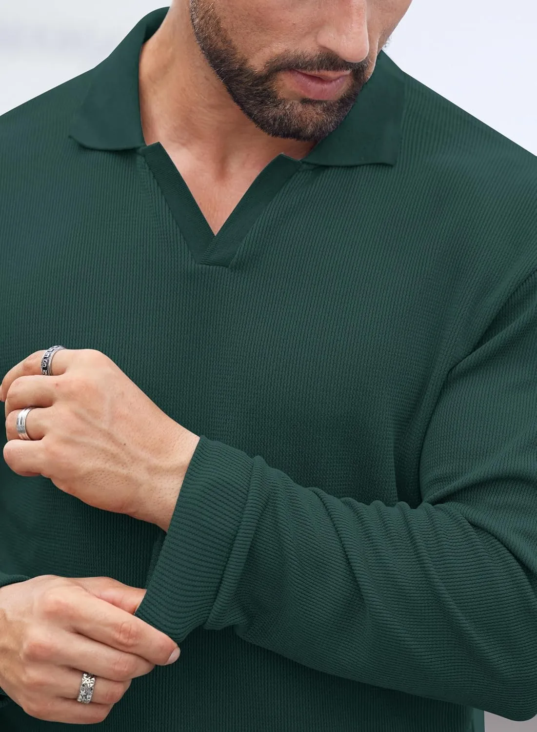 Mens Polo Shirts Long Sleeve V Neck Golf Shirt Casual Solid Color Classic Pullover (S-XXL)