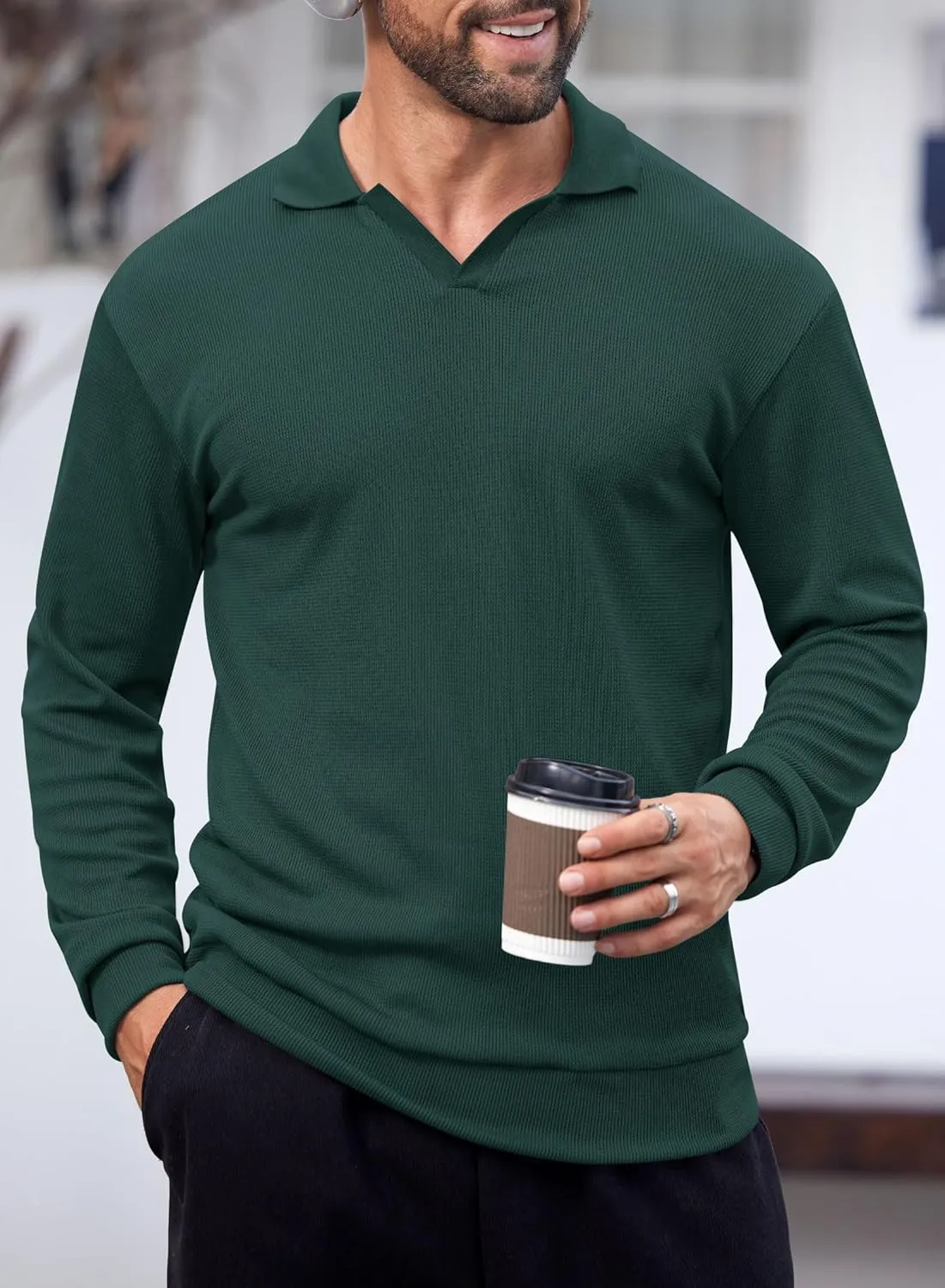 Mens Polo Shirts Long Sleeve V Neck Golf Shirt Casual Solid Color Classic Pullover (S-XXL)