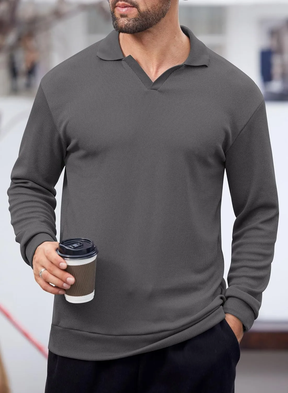 Mens Polo Shirts Long Sleeve V Neck Golf Shirt Casual Solid Color Classic Pullover (S-XXL)