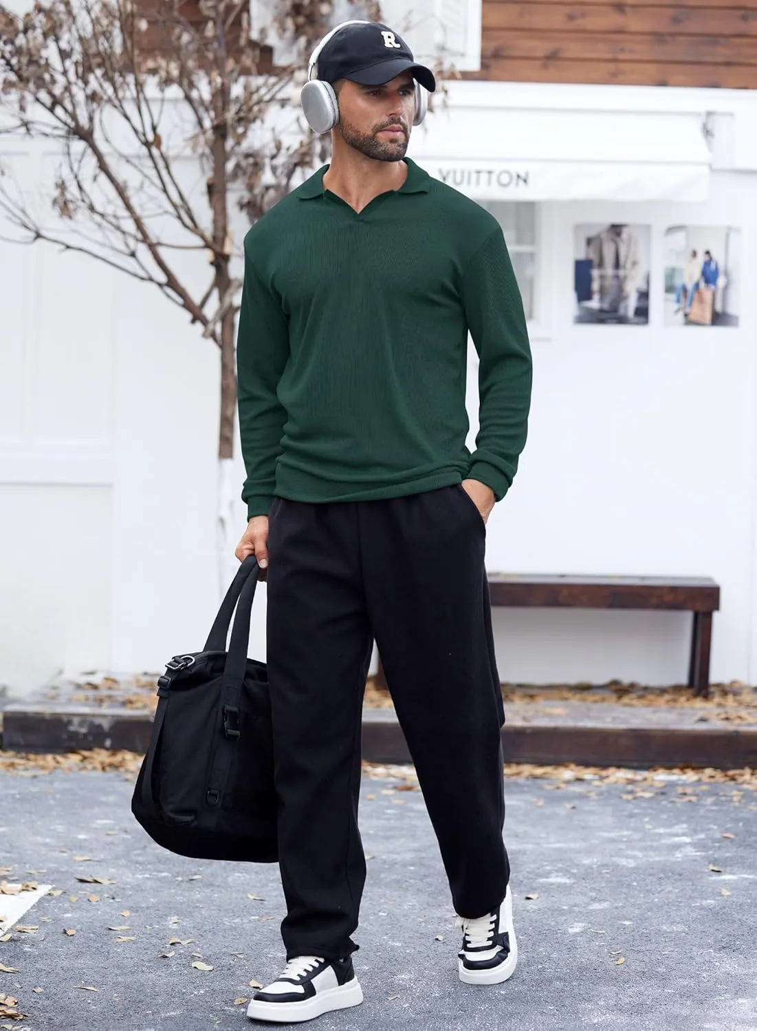 Mens Polo Shirts Long Sleeve V Neck Golf Shirt Casual Solid Color Classic Pullover (S-XXL)