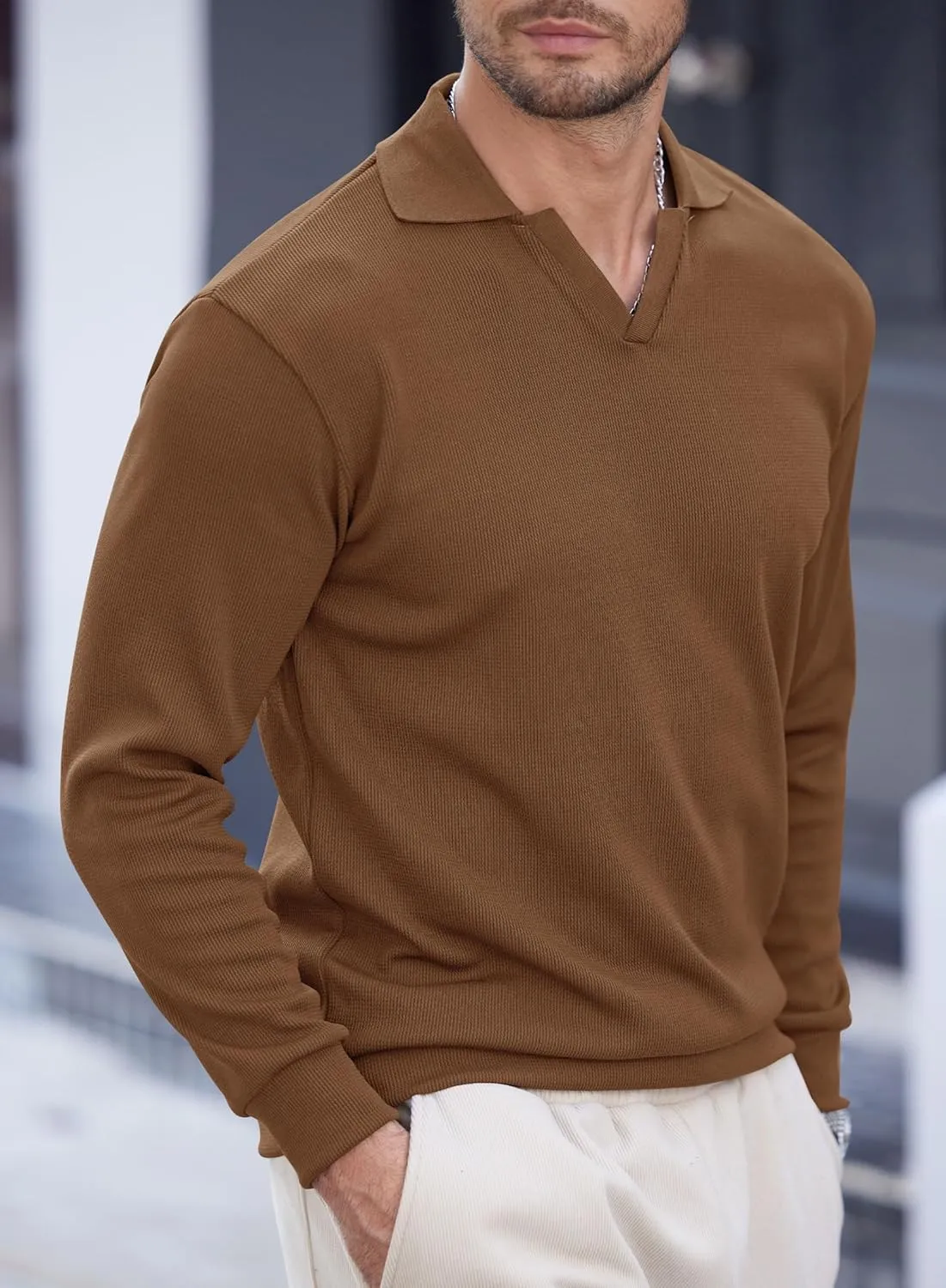 Mens Polo Shirts Long Sleeve V Neck Golf Shirt Casual Solid Color Classic Pullover (S-XXL)