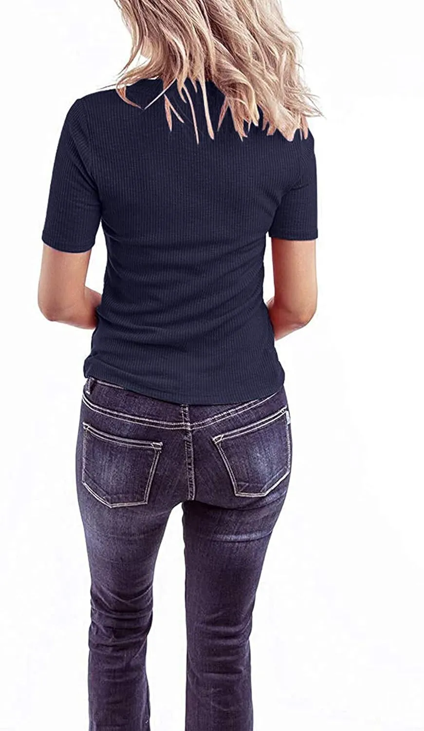 MEROKEETY Women's Short Sleeve V Neck Ribbed Button Tops Basic Solid Color Tee Shirts