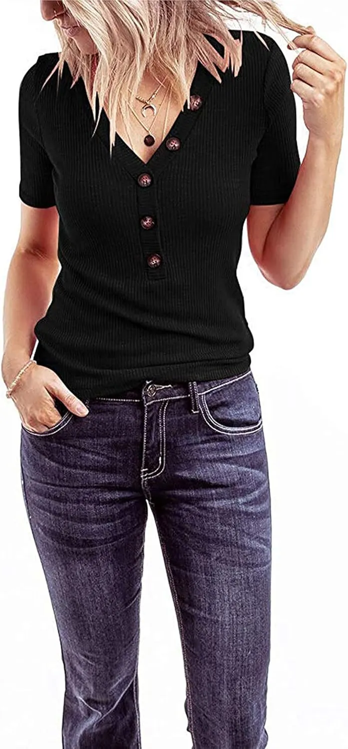 MEROKEETY Women's Short Sleeve V Neck Ribbed Button Tops Basic Solid Color Tee Shirts