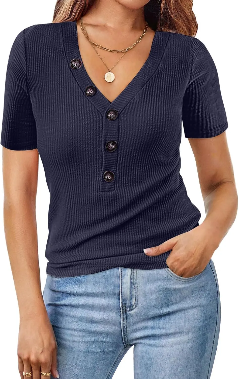 MEROKEETY Women's Short Sleeve V Neck Ribbed Button Tops Basic Solid Color Tee Shirts