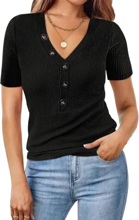 MEROKEETY Women's Short Sleeve V Neck Ribbed Button Tops Basic Solid Color Tee Shirts