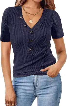 MEROKEETY Women's Short Sleeve V Neck Ribbed Button Tops Basic Solid Color Tee Shirts