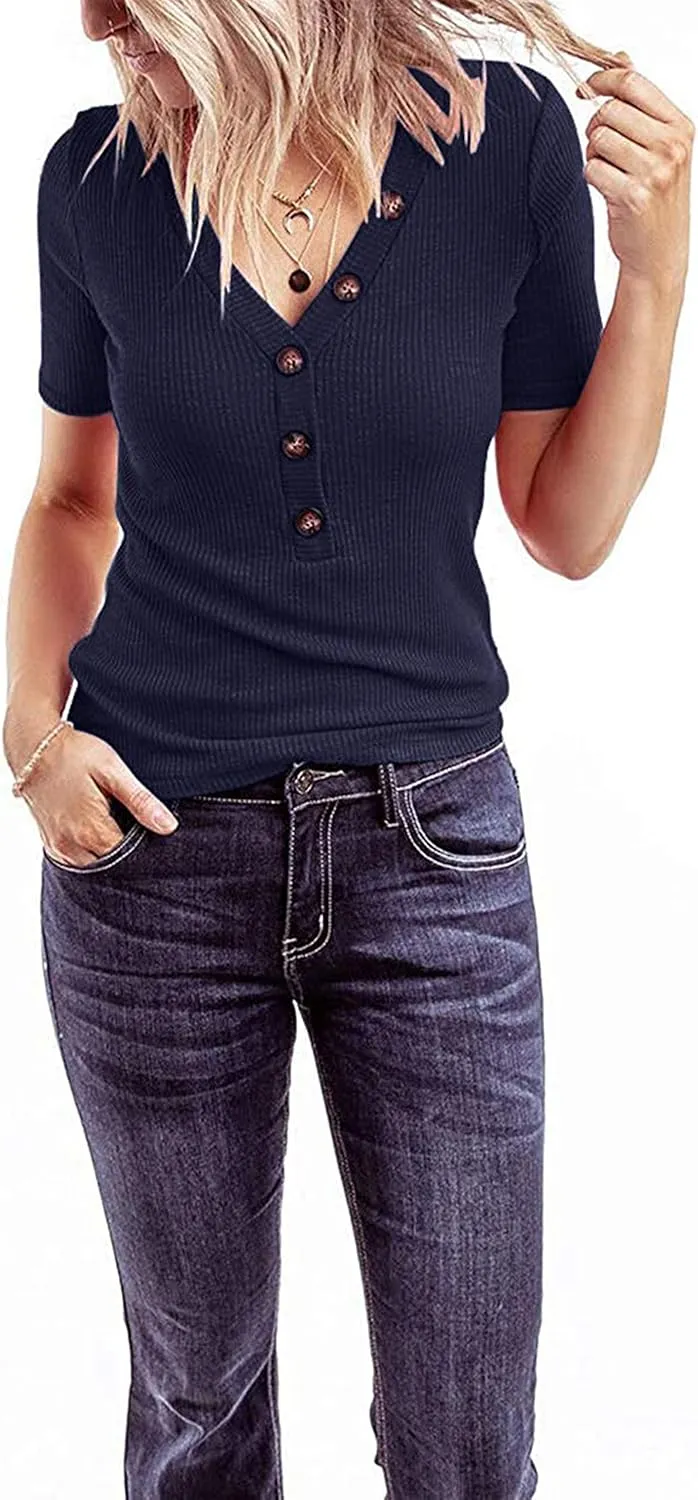MEROKEETY Women's Short Sleeve V Neck Ribbed Button Tops Basic Solid Color Tee Shirts