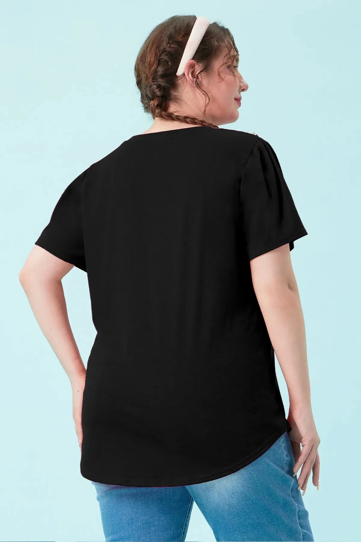 Plain Buttons Shoulder Design V Neck T-Shirt