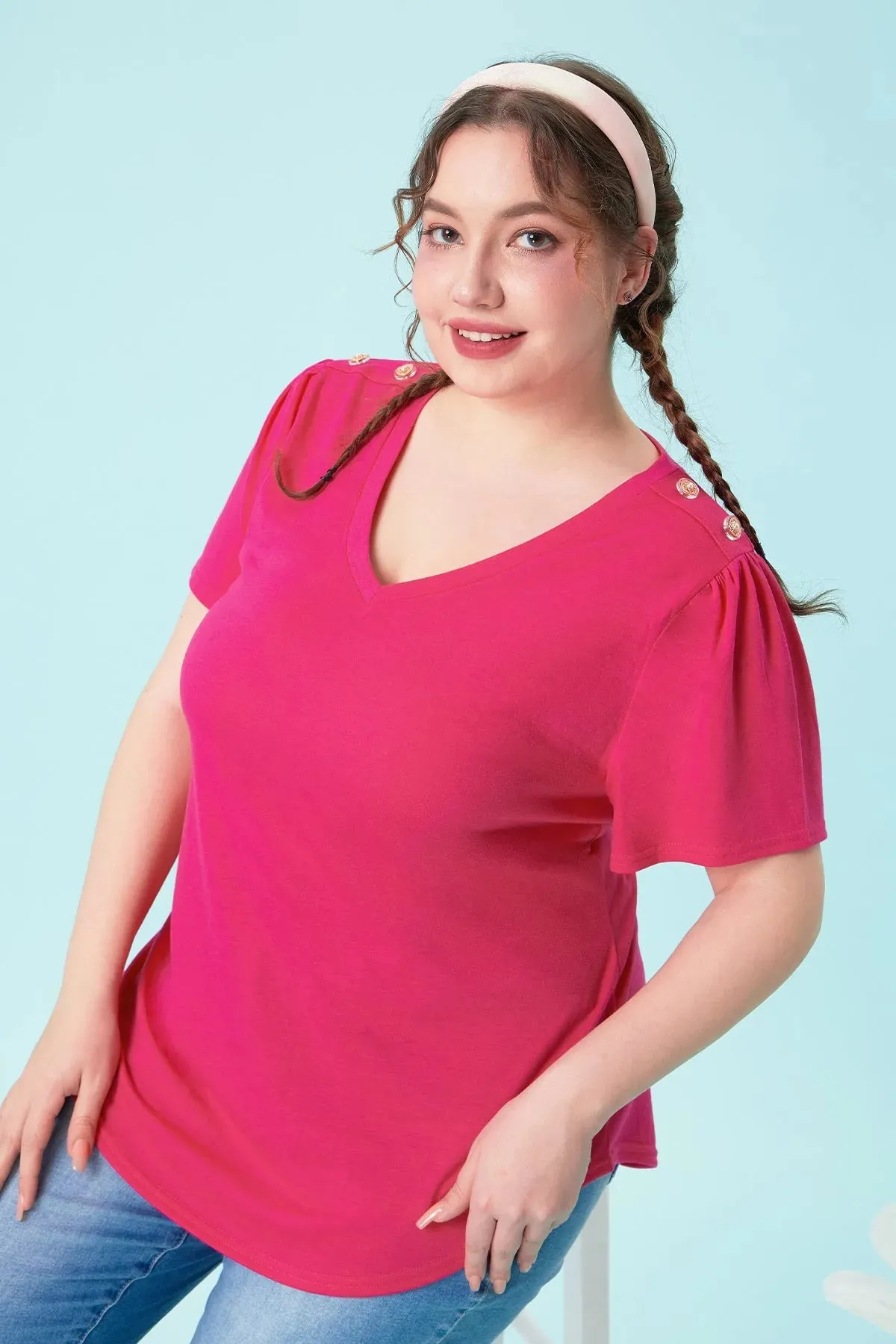 Plain Buttons Shoulder Design V Neck T-Shirt