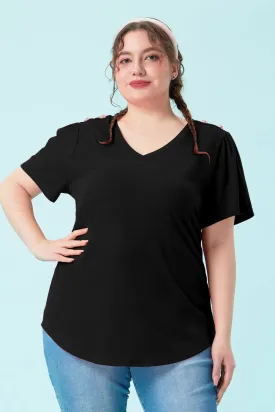 Plain Buttons Shoulder Design V Neck T-Shirt