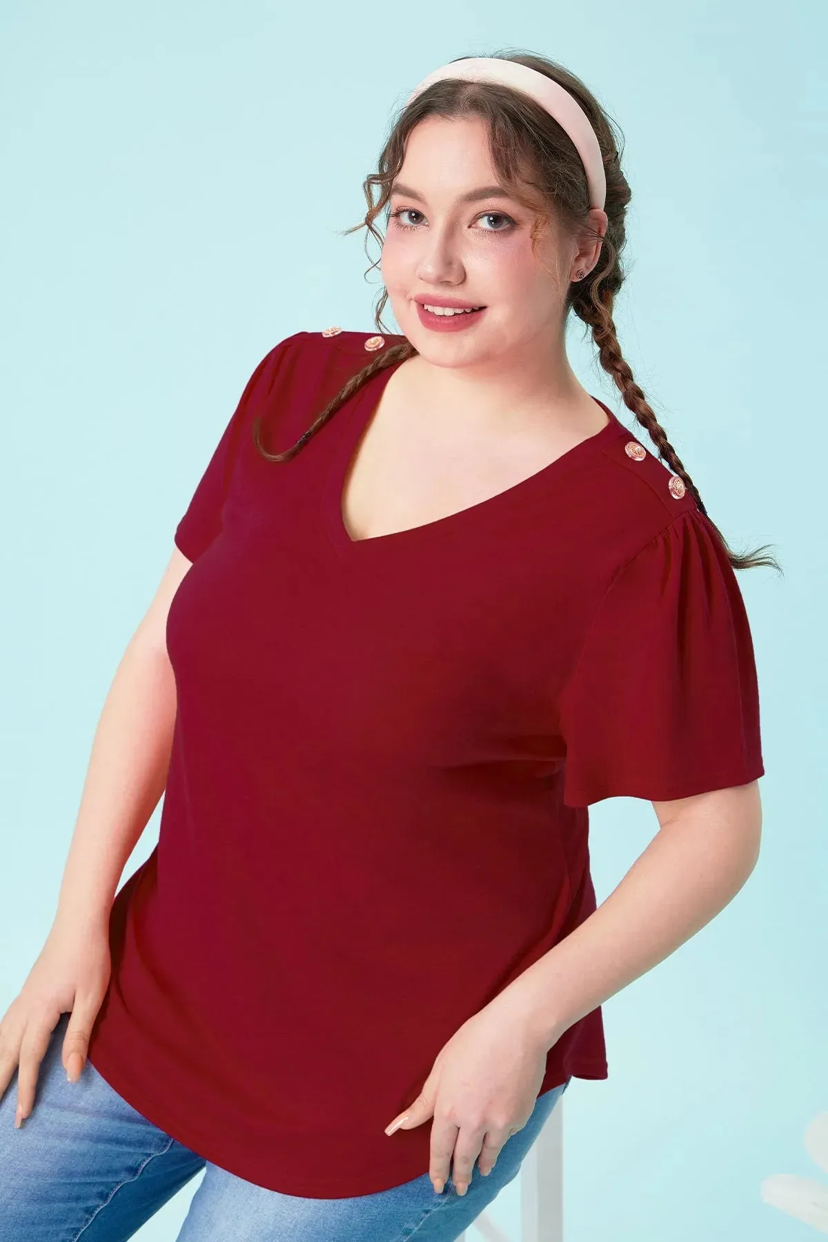 Plain Buttons Shoulder Design V Neck T-Shirt
