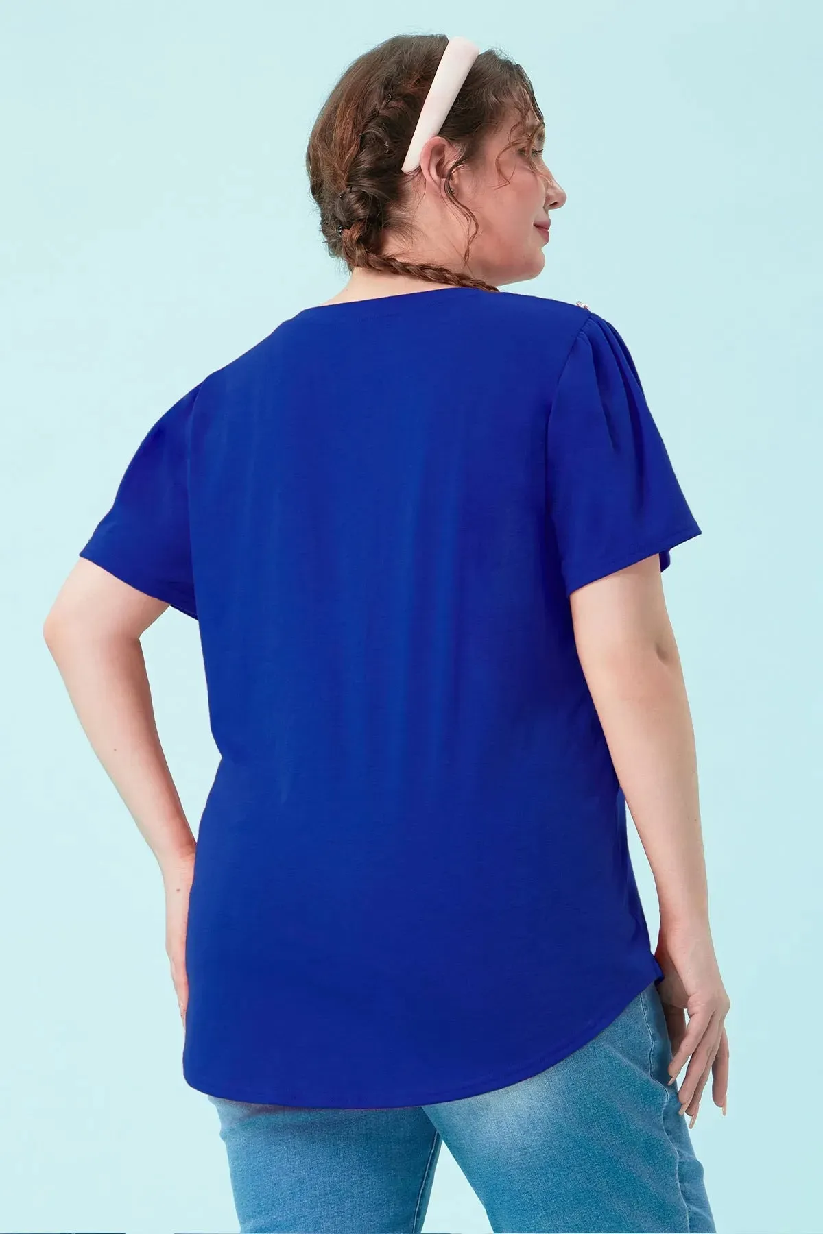 Plain Buttons Shoulder Design V Neck T-Shirt