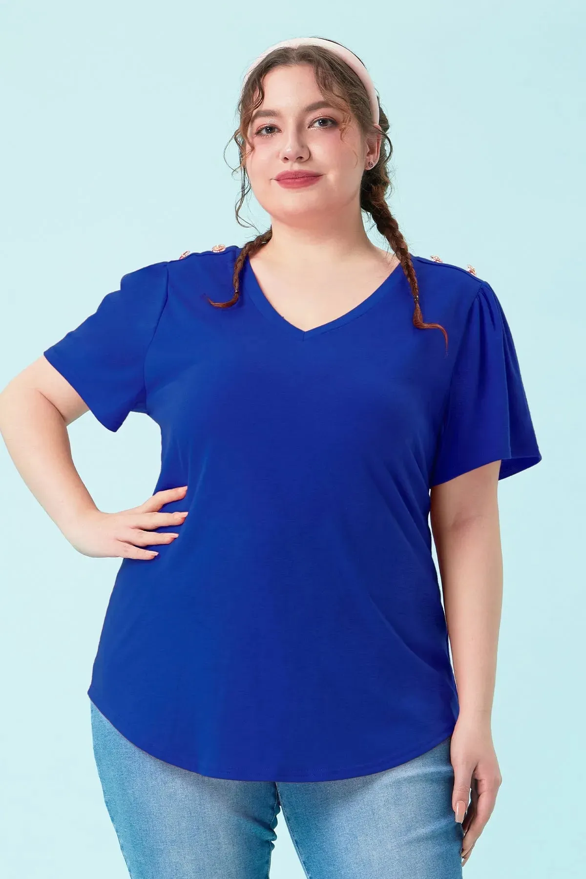 Plain Buttons Shoulder Design V Neck T-Shirt