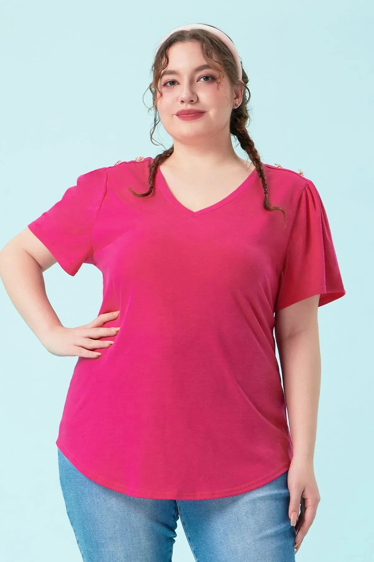 Plain Buttons Shoulder Design V Neck T-Shirt