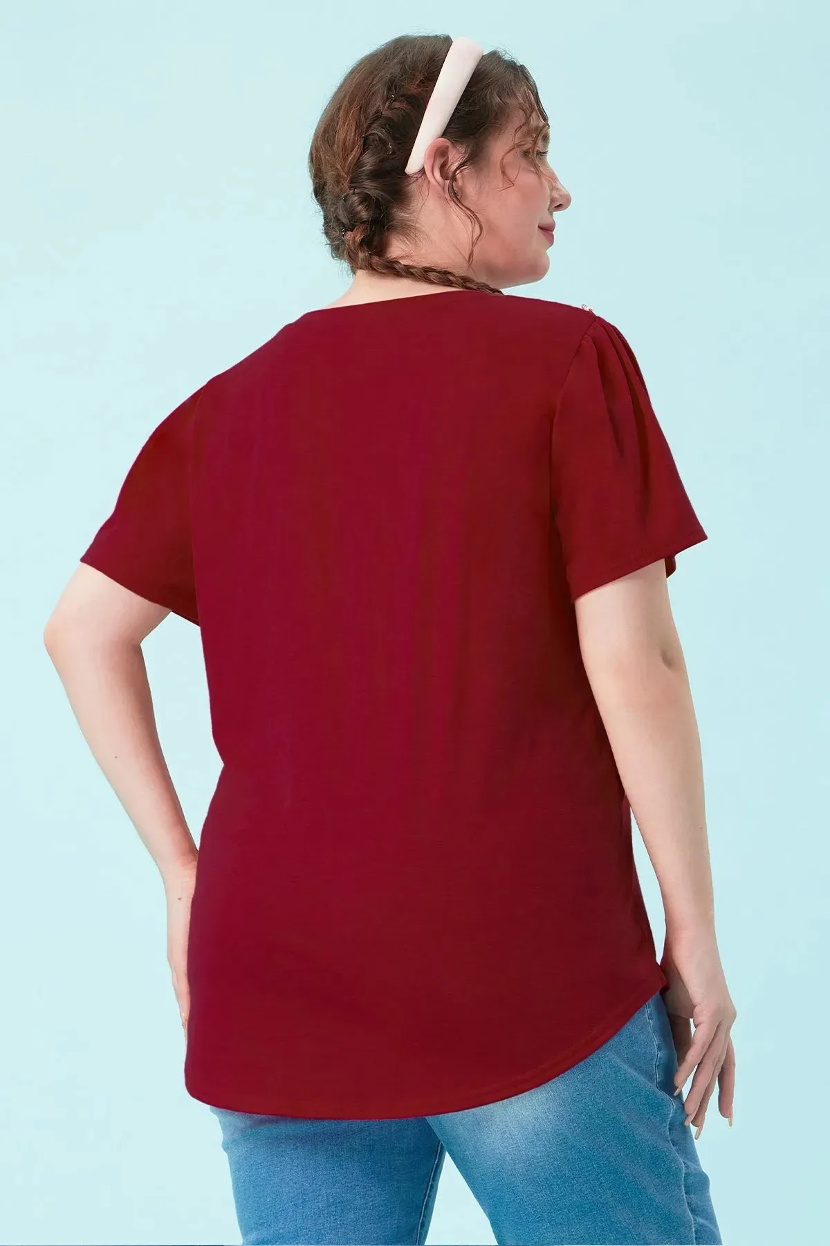 Plain Buttons Shoulder Design V Neck T-Shirt