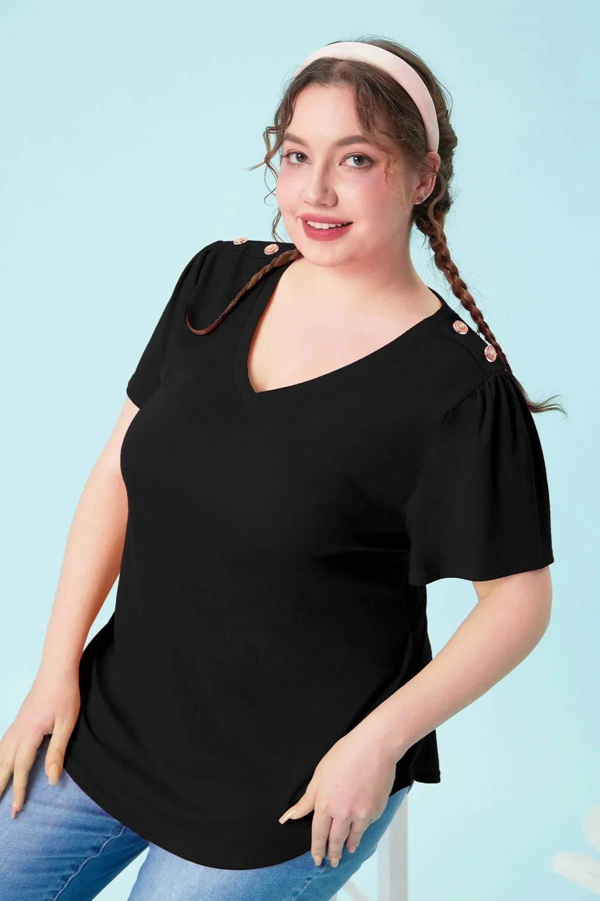 Plain Buttons Shoulder Design V Neck T-Shirt