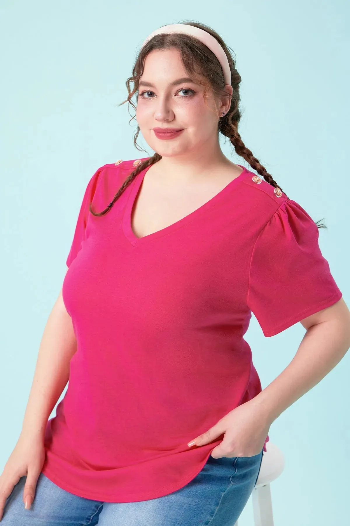Plain Buttons Shoulder Design V Neck T-Shirt