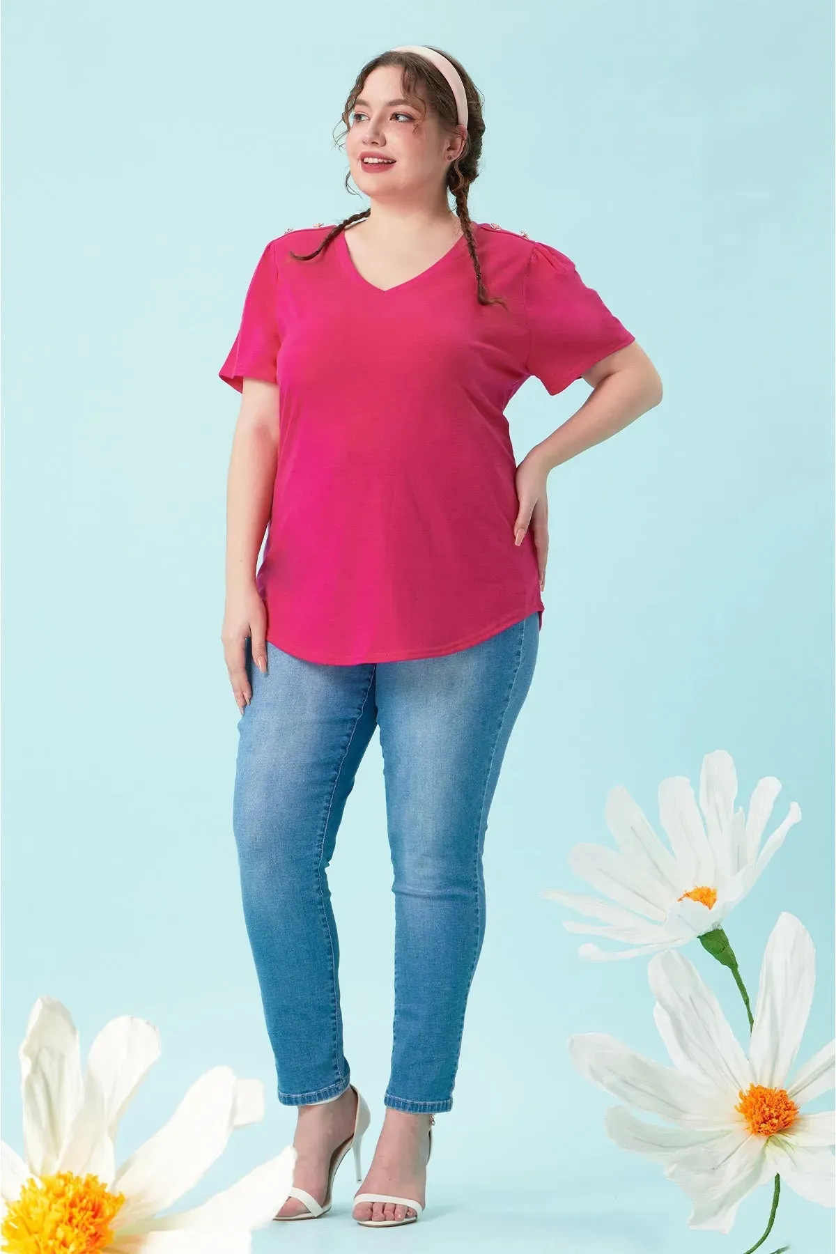 Plain Buttons Shoulder Design V Neck T-Shirt