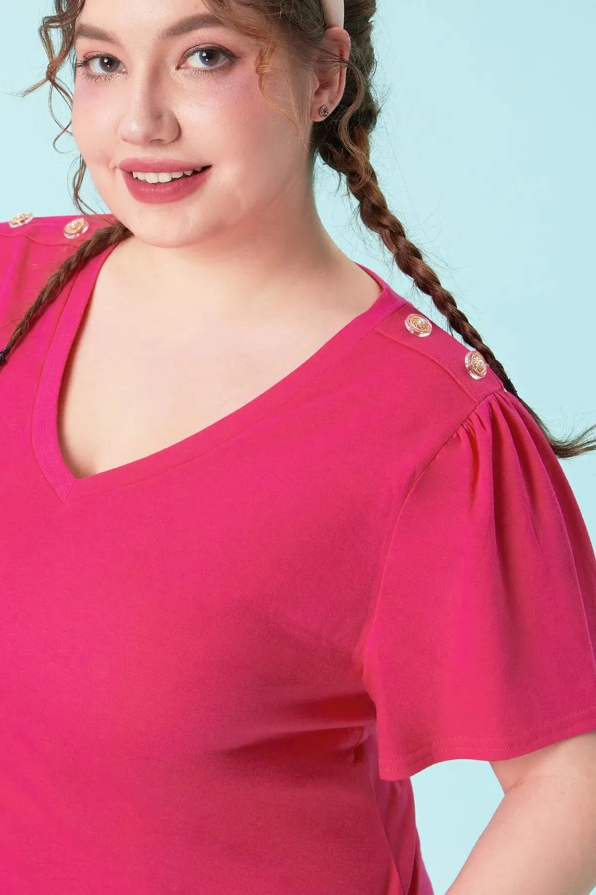 Plain Buttons Shoulder Design V Neck T-Shirt