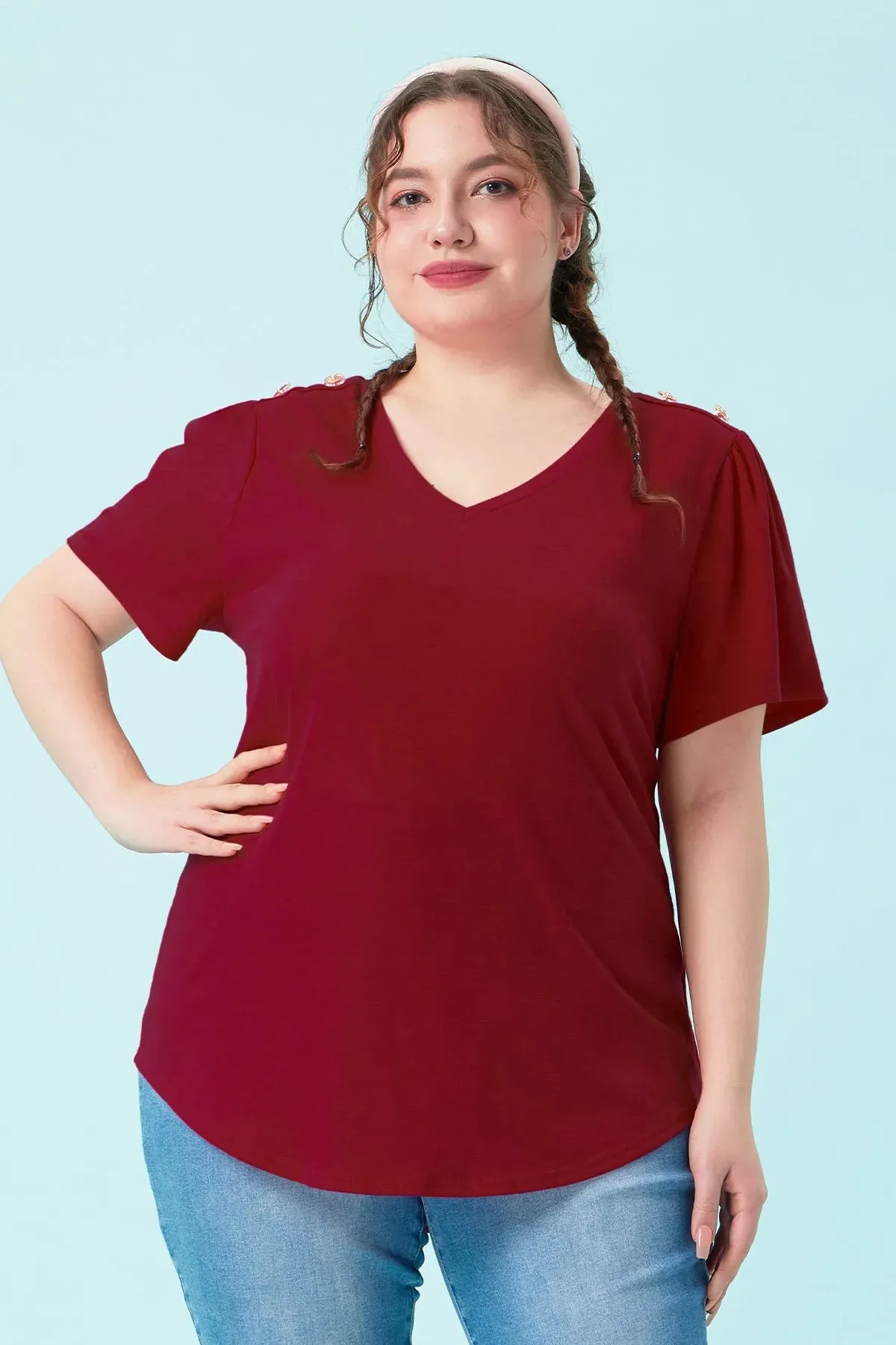 Plain Buttons Shoulder Design V Neck T-Shirt