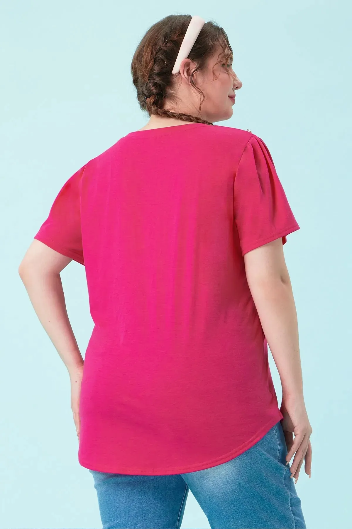 Plain Buttons Shoulder Design V Neck T-Shirt