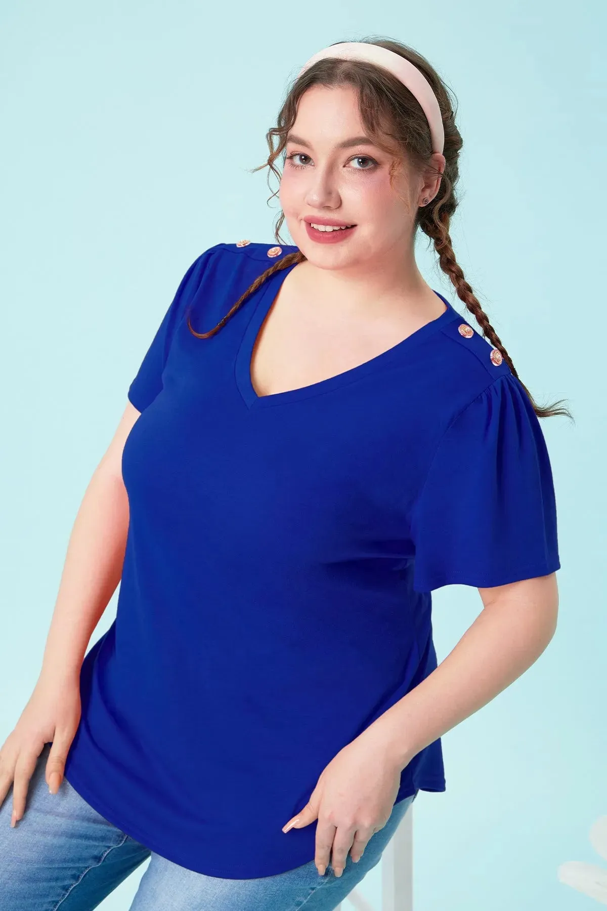 Plain Buttons Shoulder Design V Neck T-Shirt