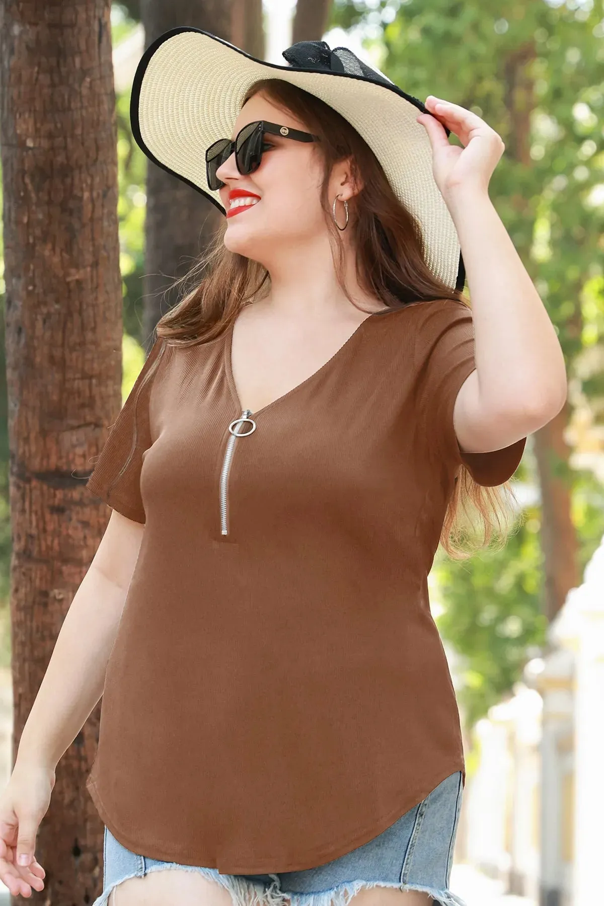 Plain Quarter Zip Up V Neck Short Sleeves Shirt